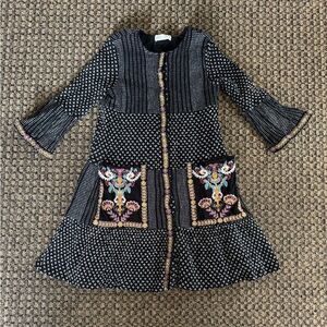 ZARA Embroidered Boho Black Dress Size Girls 11-12 Button Down with Pockets